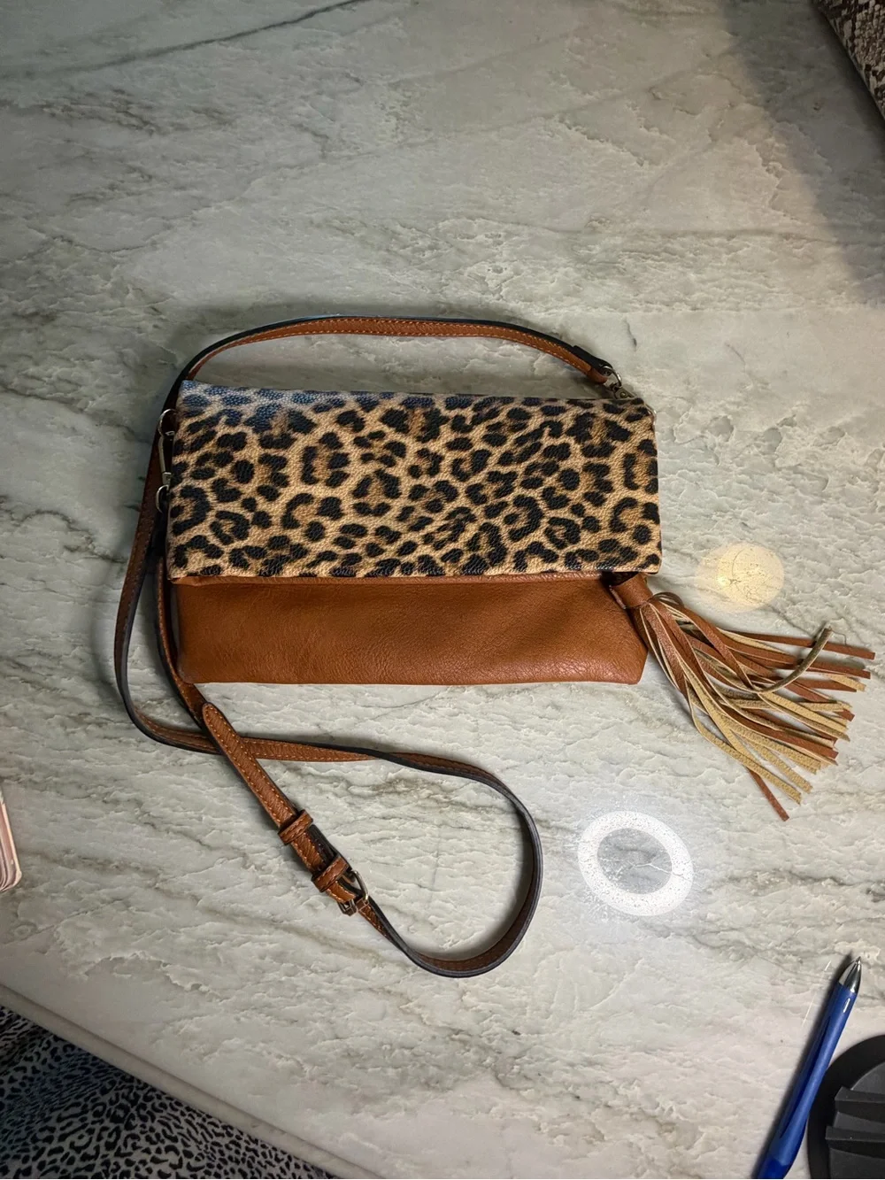 Leopard Print Fold-Over Crossbody Bag in Tan - Picture 2 of 7